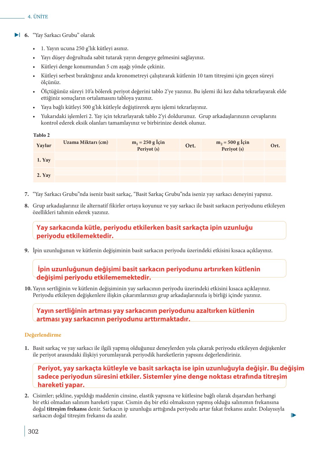 10. Sınıf Meb Yayınları Fizik Ders Kitabı Sayfa 302 Cevapları