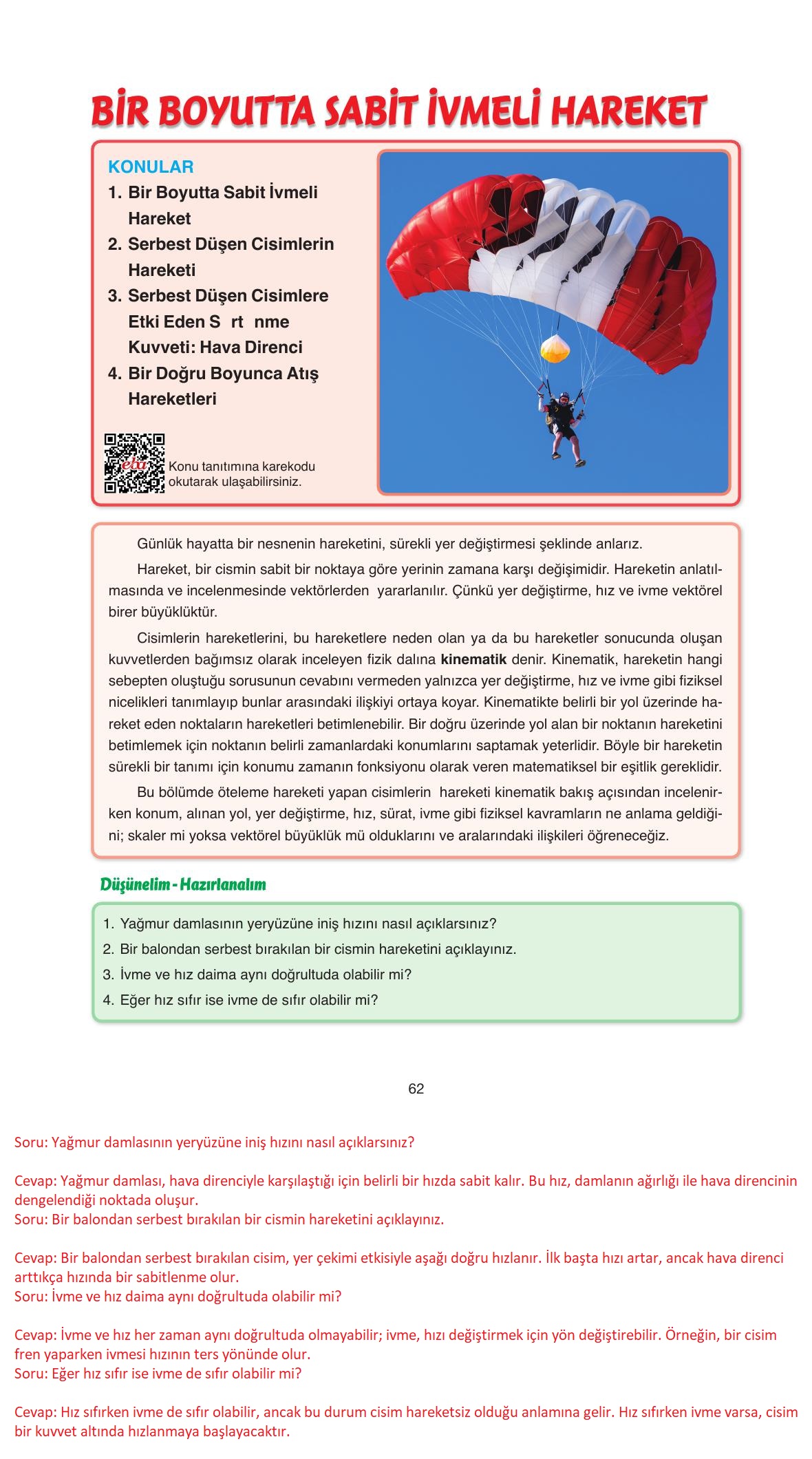 11. Sınıf Ata Yayıncılık Fizik Ders Kitabı Sayfa 62 Cevapları