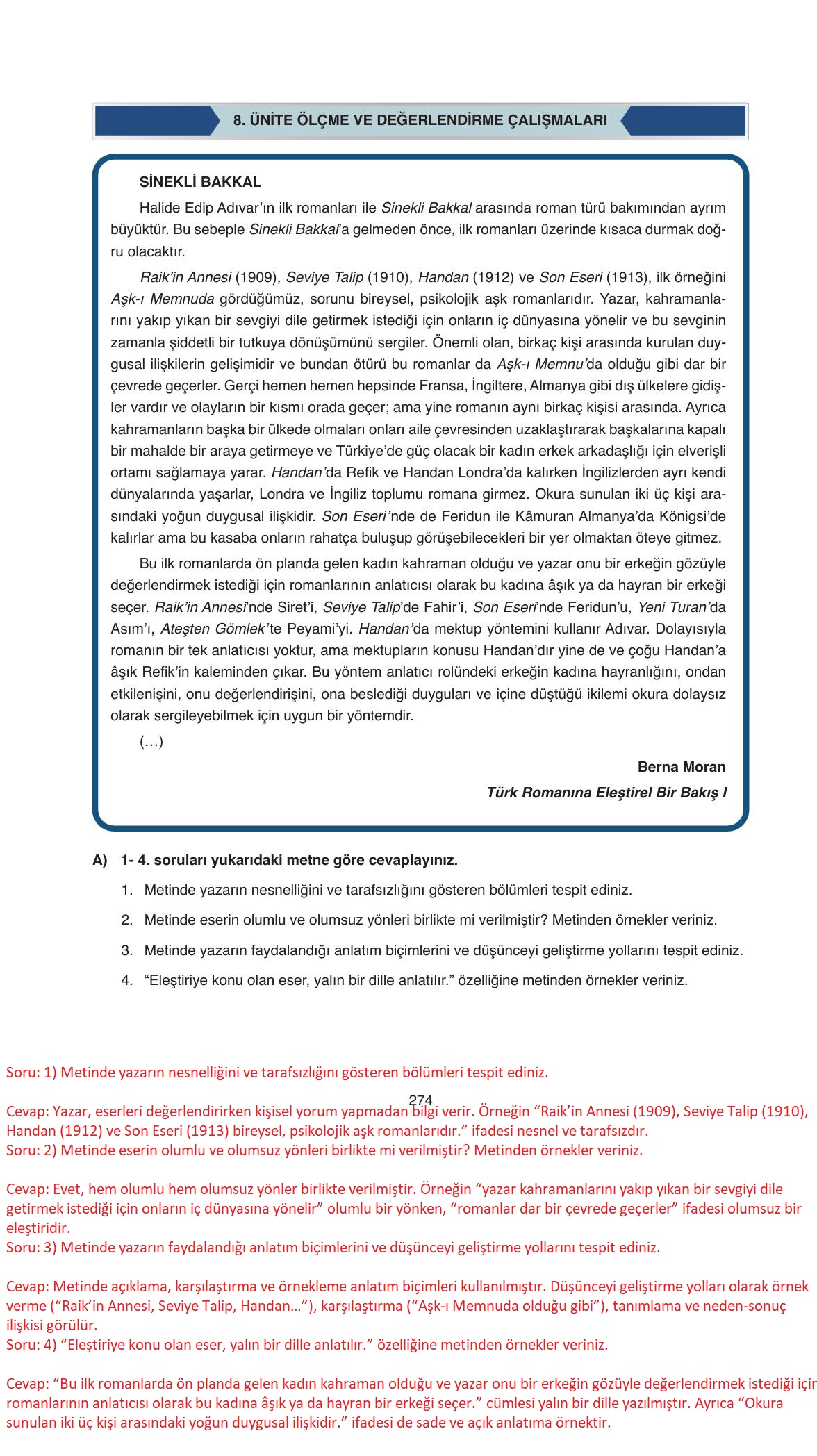 11. Sınıf Ata Yayıncılık Türk Dili Ve Edebiyatı Ders Kitabı Sayfa 274 Cevapları