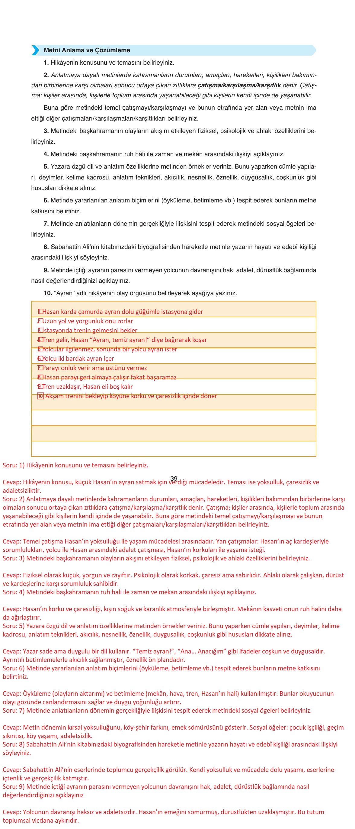 11. Sınıf Ata Yayıncılık Türk Dili Ve Edebiyatı Ders Kitabı Sayfa 39 Cevapları