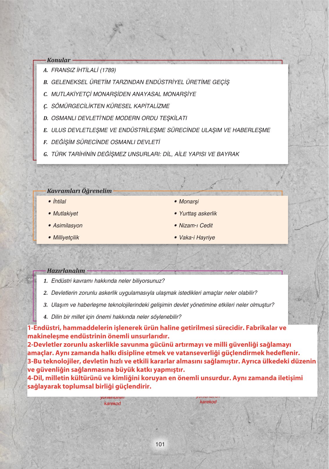 11. Sınıf Ders Destek Yayınları Tarih Ders Kitabı Sayfa 101 Cevapları