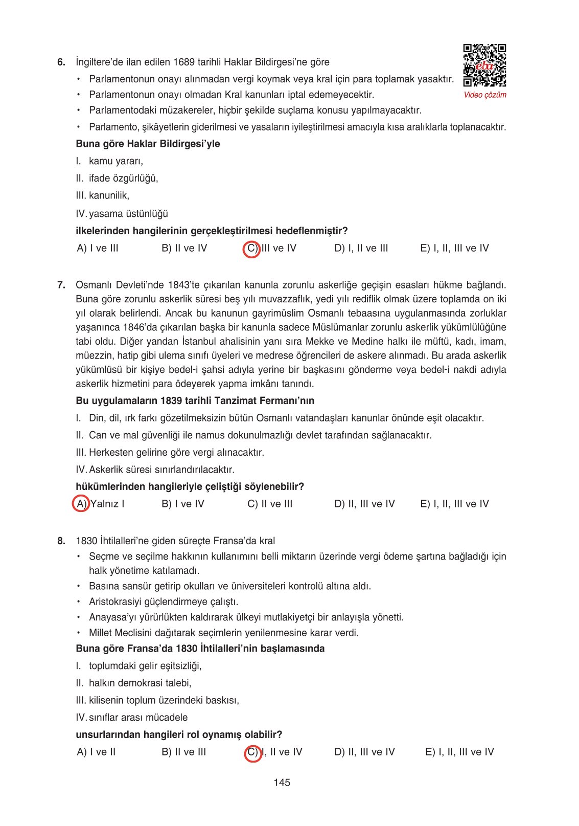 11. Sınıf Ders Destek Yayınları Tarih Ders Kitabı Sayfa 145 Cevapları