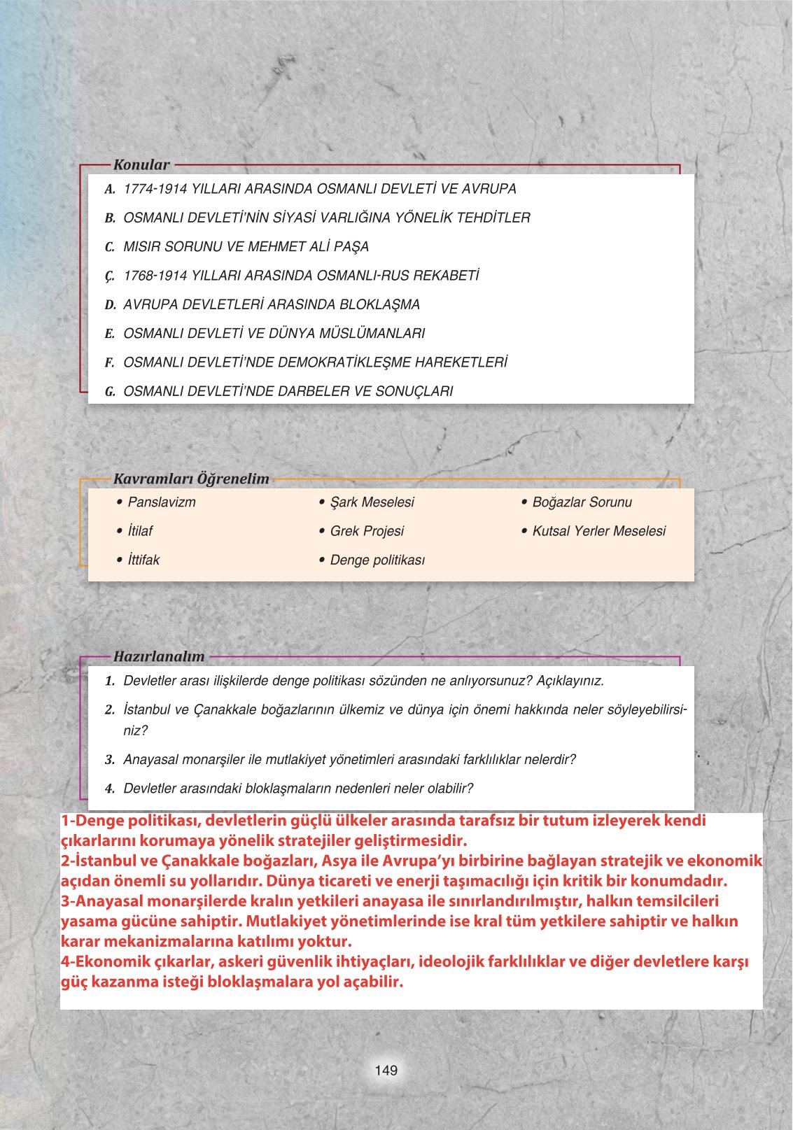 11. Sınıf Ders Destek Yayınları Tarih Ders Kitabı Sayfa 149 Cevapları