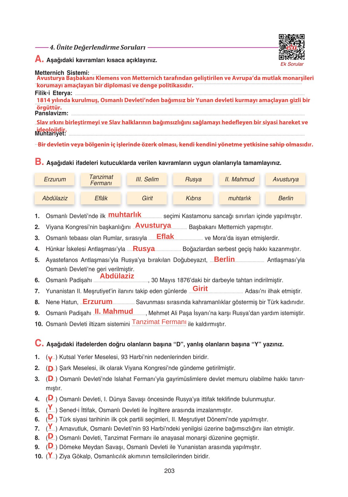 11. Sınıf Ders Destek Yayınları Tarih Ders Kitabı Sayfa 203 Cevapları