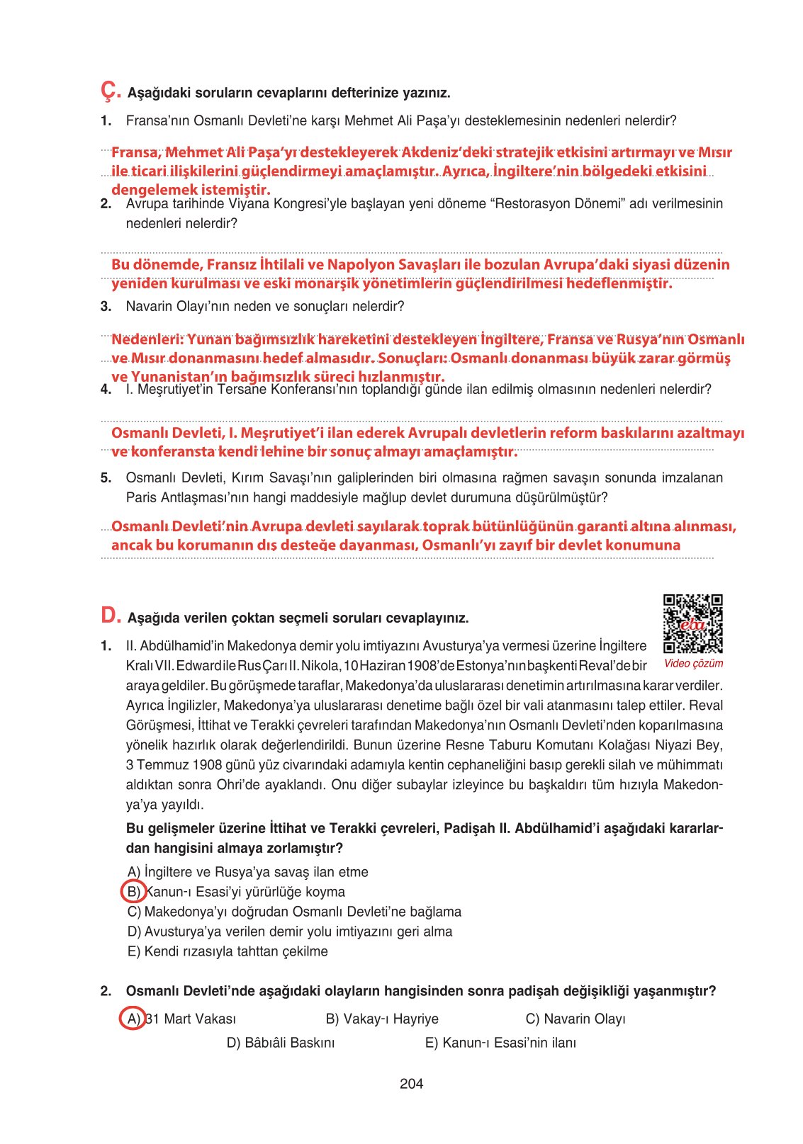 11. Sınıf Ders Destek Yayınları Tarih Ders Kitabı Sayfa 204 Cevapları