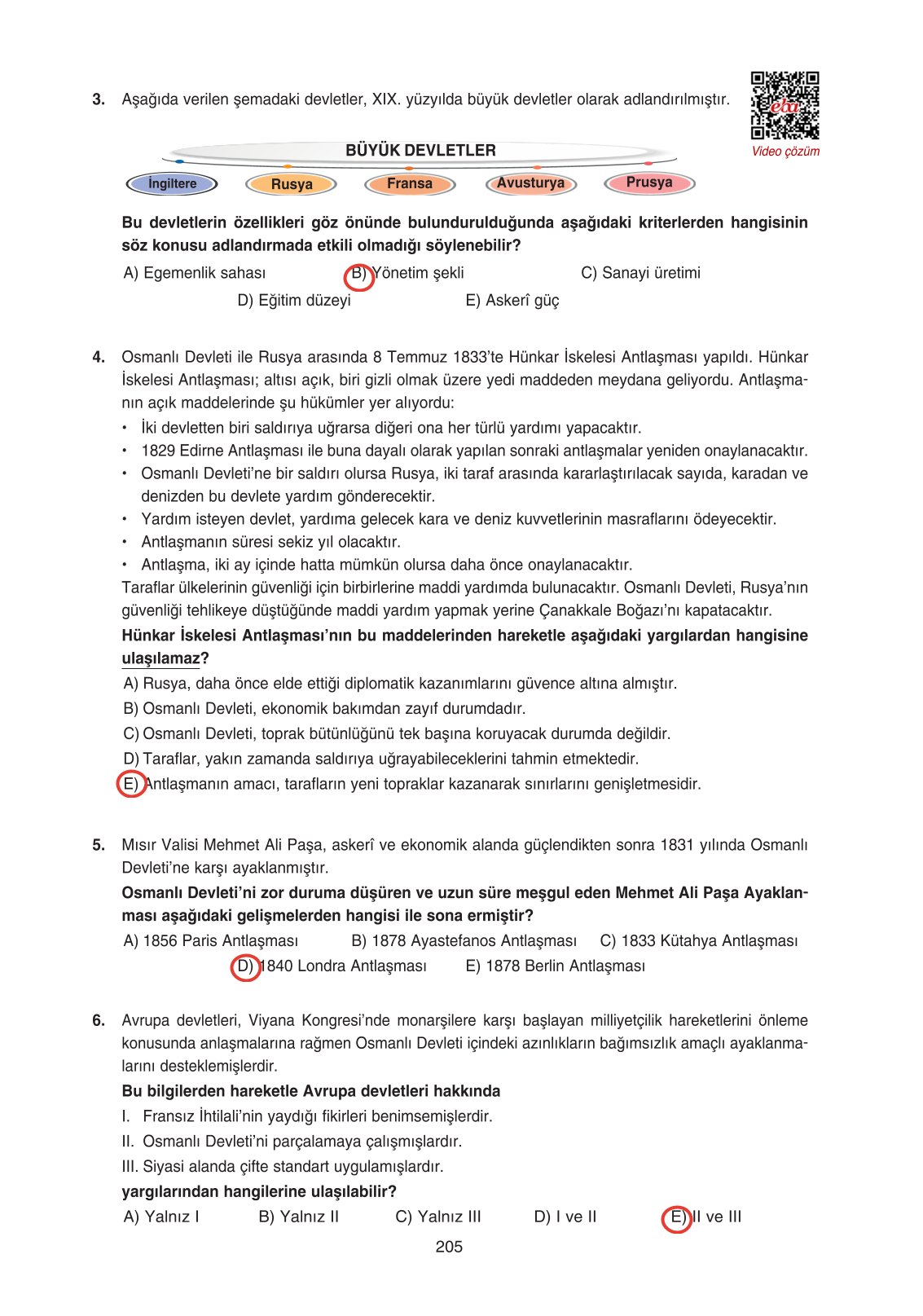 11. Sınıf Ders Destek Yayınları Tarih Ders Kitabı Sayfa 205 Cevapları