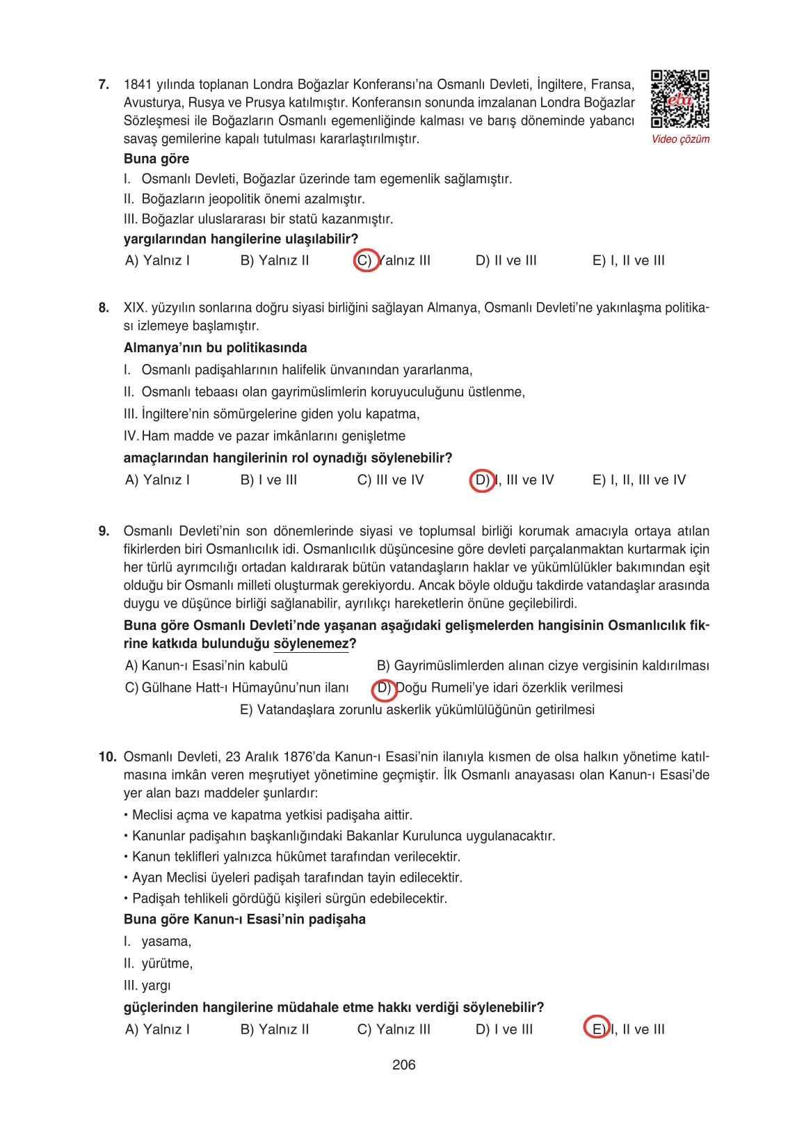 11. Sınıf Ders Destek Yayınları Tarih Ders Kitabı Sayfa 206 Cevapları