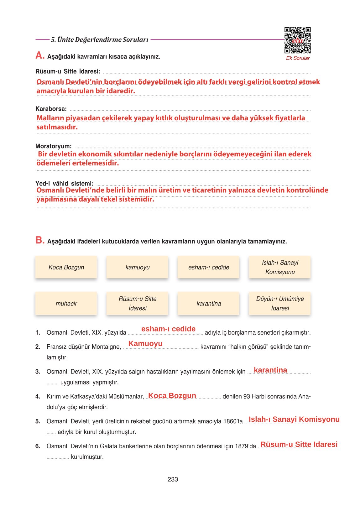 11. Sınıf Ders Destek Yayınları Tarih Ders Kitabı Sayfa 233 Cevapları