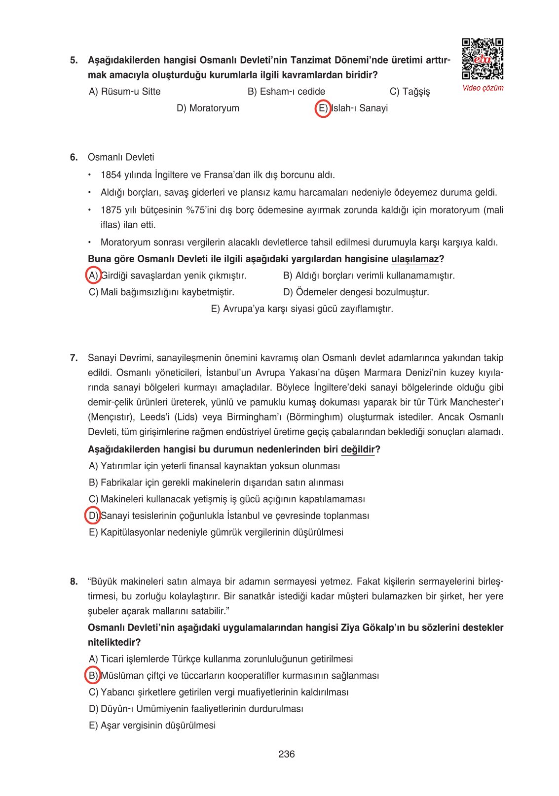 11. Sınıf Ders Destek Yayınları Tarih Ders Kitabı Sayfa 236 Cevapları