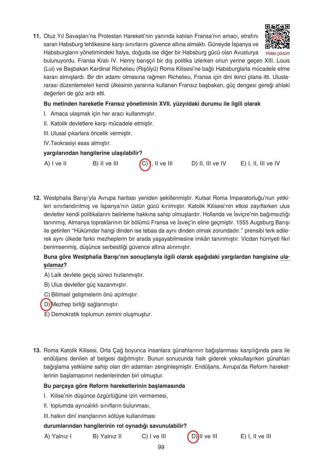 11. Sınıf Ders Destek Yayınları Tarih Ders Kitabı Sayfa 99 Cevapları