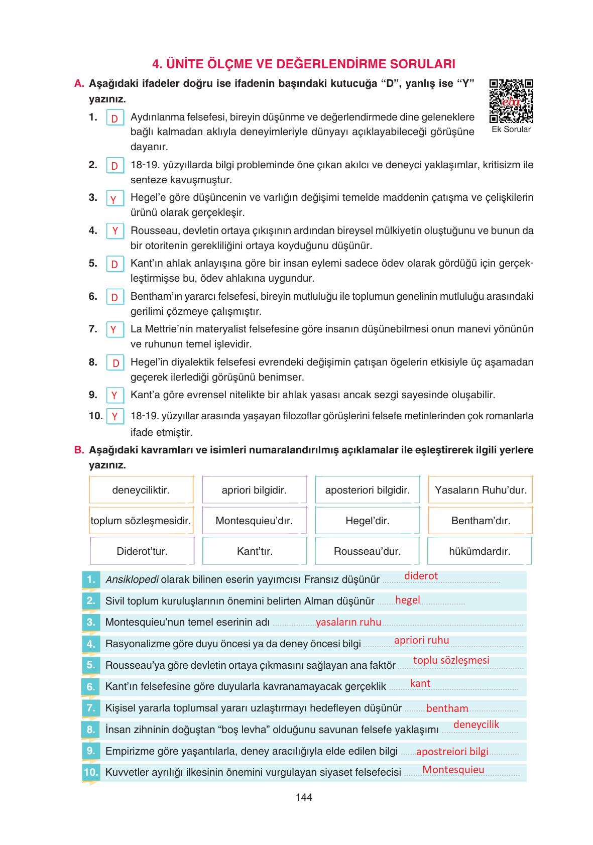 11. Sınıf Hisar Yayıncılık Felsefe Ders Kitabı Sayfa 145 Cevapları