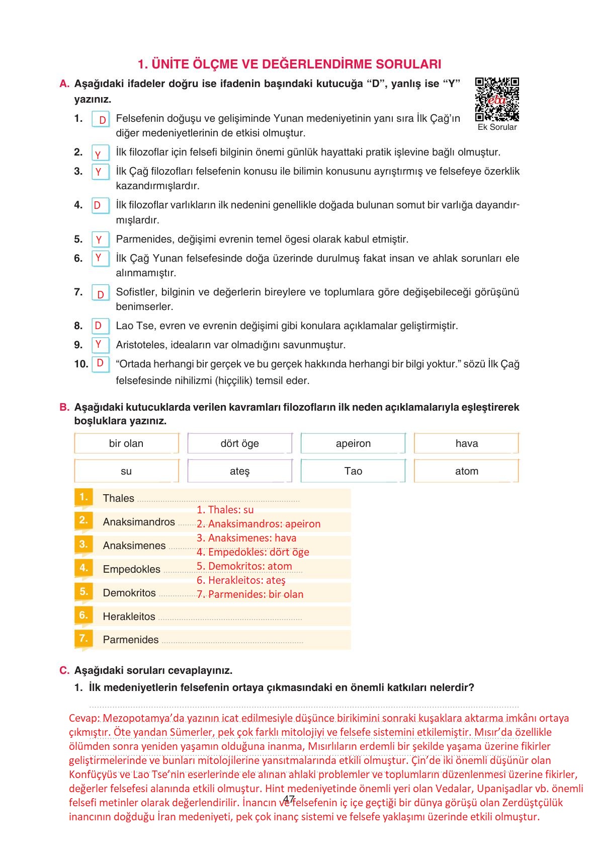 11. Sınıf Hisar Yayıncılık Felsefe Ders Kitabı Sayfa 48 Cevapları