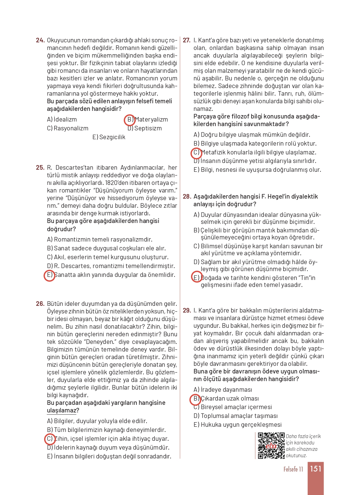 11. Sınıf Meb Yayınları Felsefe Ders Kitabı Sayfa 151 Cevapları