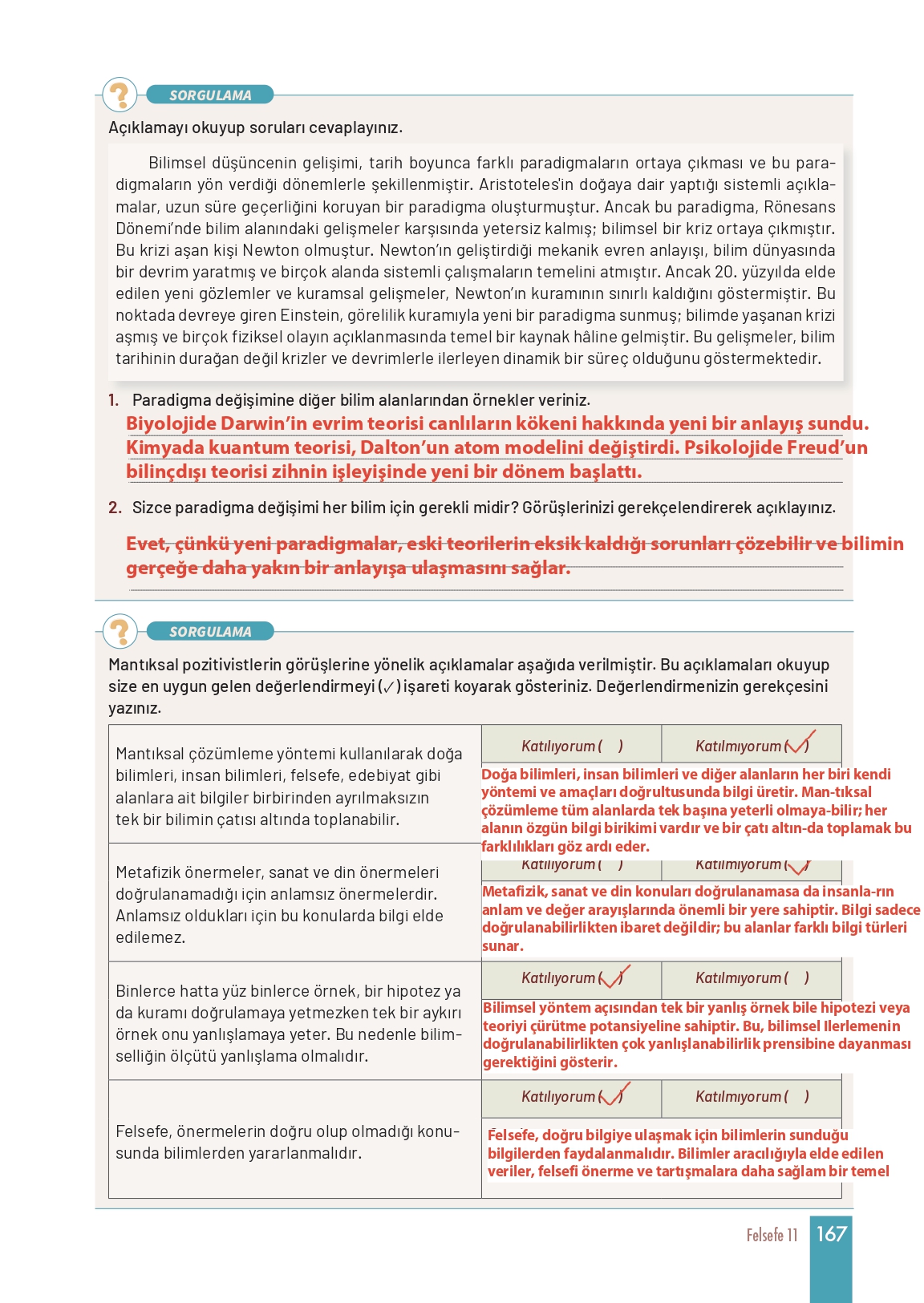 11. Sınıf Meb Yayınları Felsefe Ders Kitabı Sayfa 167 Cevapları