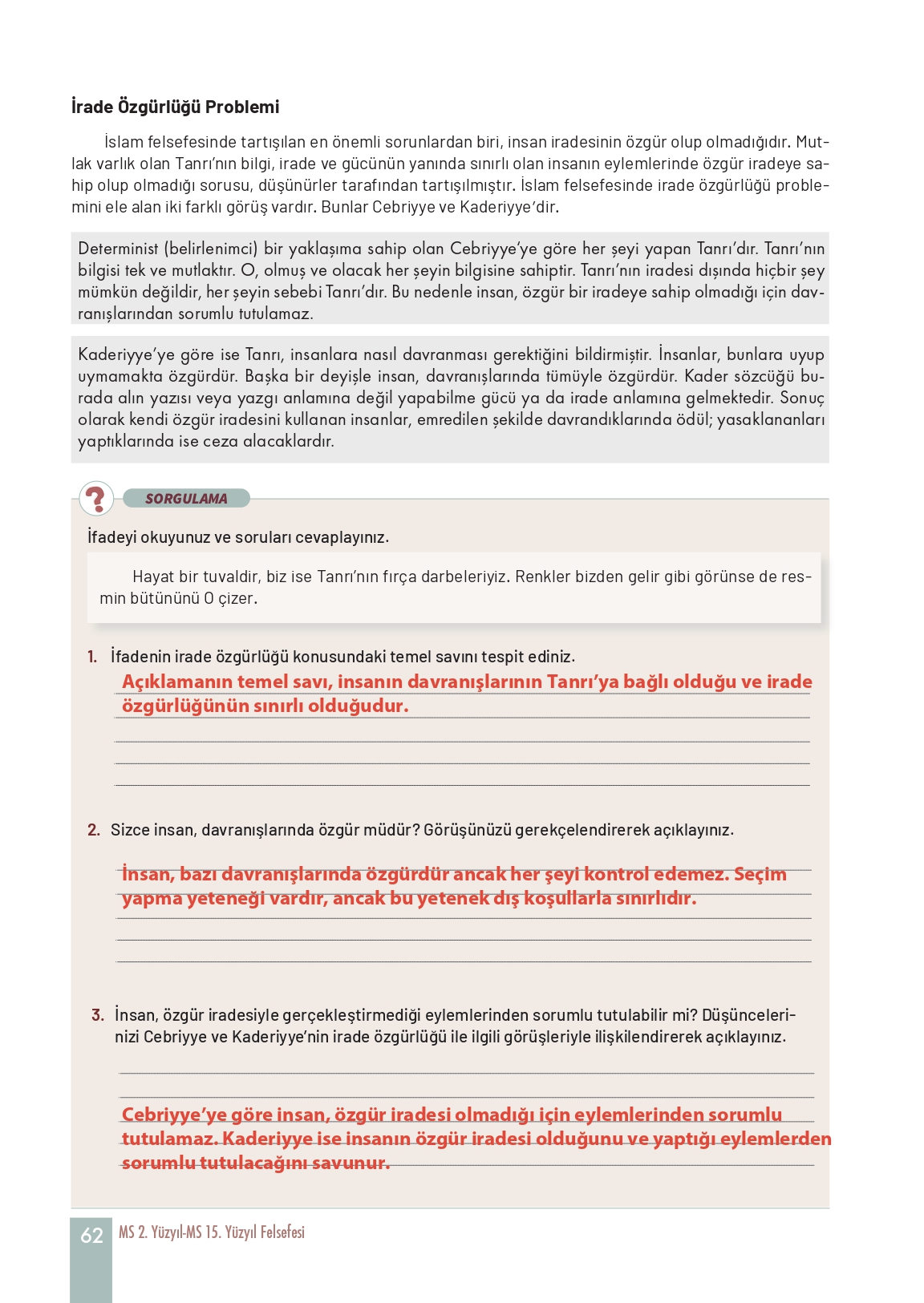 11. Sınıf Meb Yayınları Felsefe Ders Kitabı Sayfa 62 Cevapları