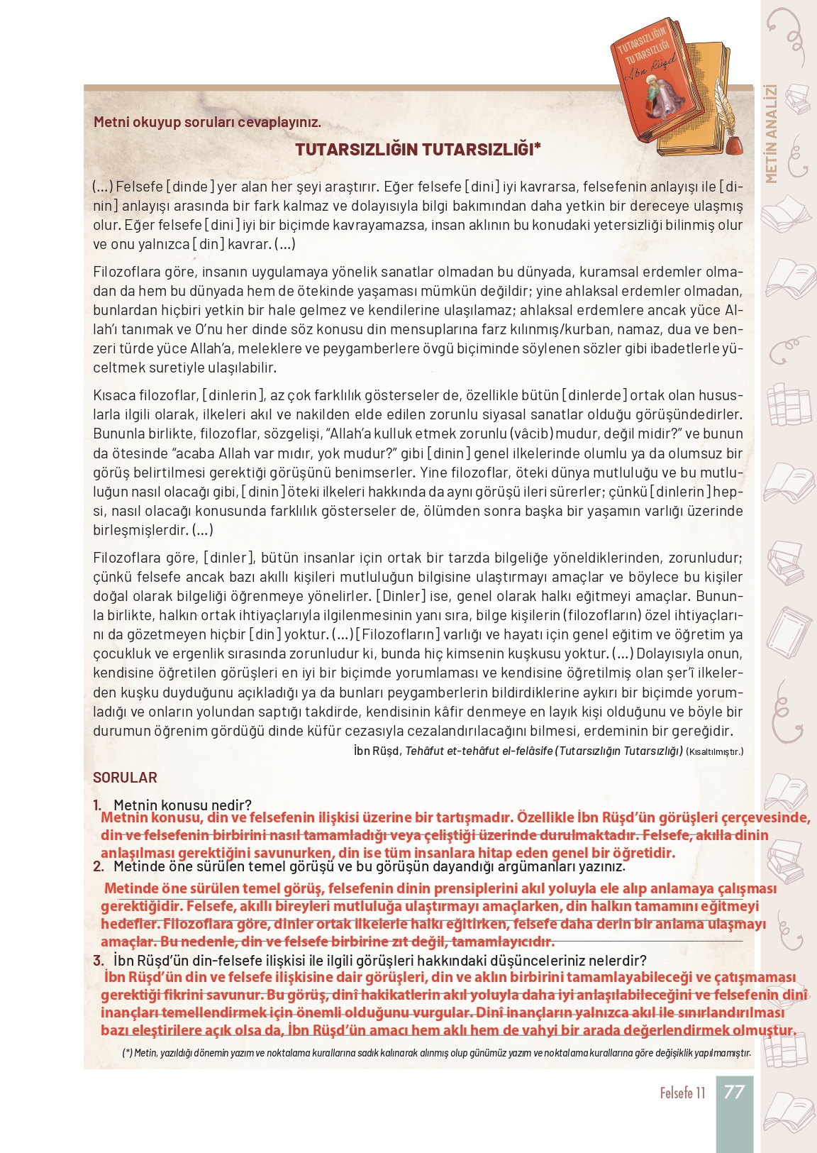 11. Sınıf Meb Yayınları Felsefe Ders Kitabı Sayfa 77 Cevapları