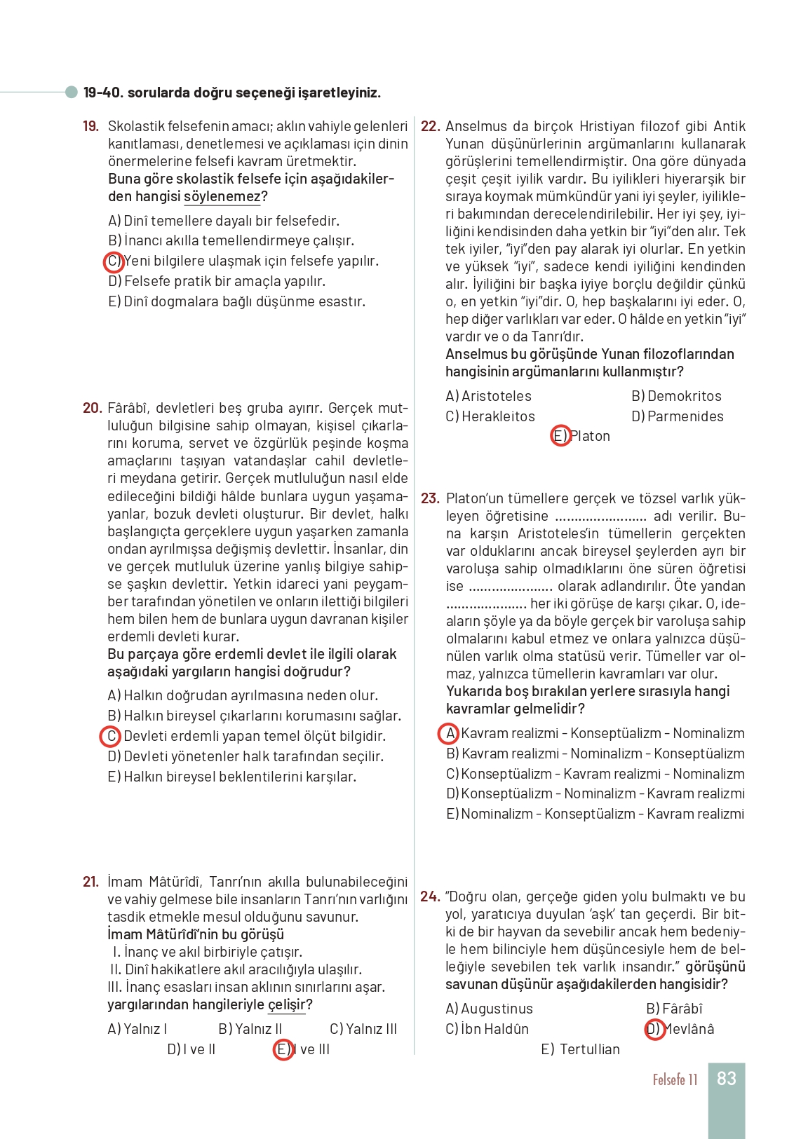 11. Sınıf Meb Yayınları Felsefe Ders Kitabı Sayfa 83 Cevapları