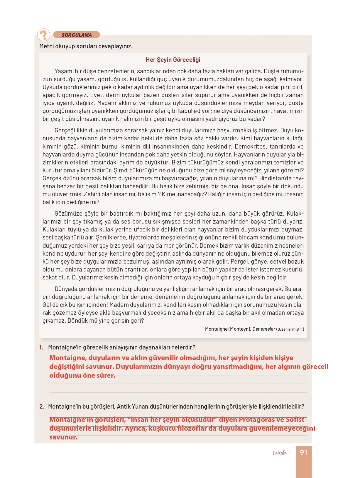 11. Sınıf Meb Yayınları Felsefe Ders Kitabı Sayfa 91 Cevapları