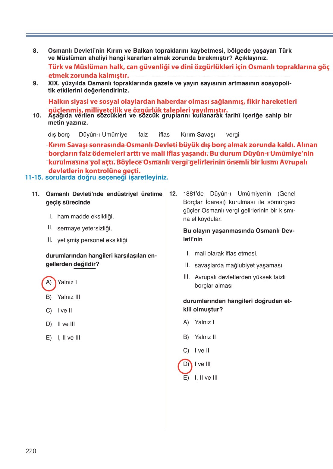 11. Sınıf Meb Yayınları Tarih Ders Kitabı Sayfa 220 Cevapları