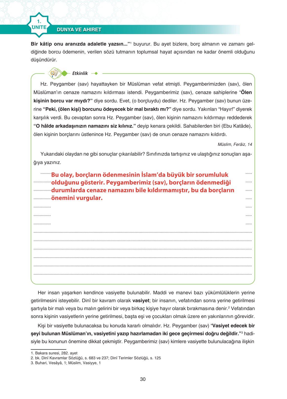 11. Sınıf Sdr İpekyolu Yayıncılık Din Kültürü Ve Ahlak Bilgisi Ders Kitabı Sayfa 30 Cevapları