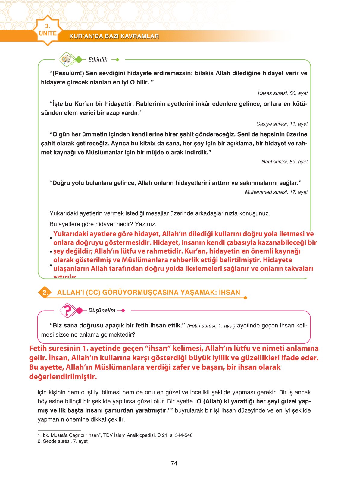 11. Sınıf Sdr İpekyolu Yayıncılık Din Kültürü Ve Ahlak Bilgisi Ders Kitabı Sayfa 74 Cevapları