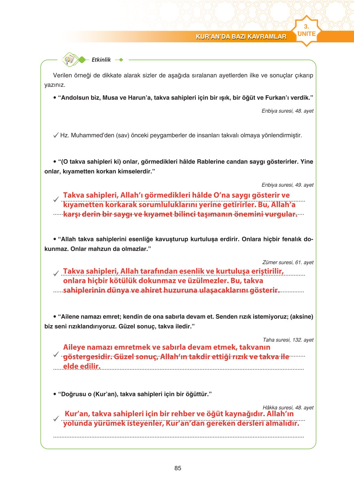 11. Sınıf Sdr İpekyolu Yayıncılık Din Kültürü Ve Ahlak Bilgisi Ders Kitabı Sayfa 85 Cevapları