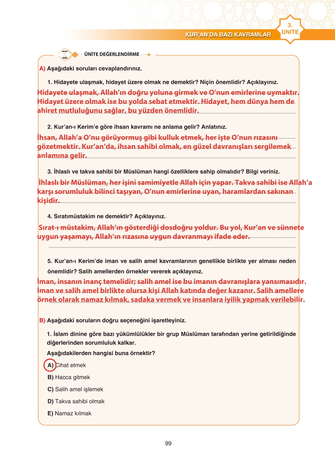 11. Sınıf Sdr İpekyolu Yayıncılık Din Kültürü Ve Ahlak Bilgisi Ders Kitabı Sayfa 99 Cevapları