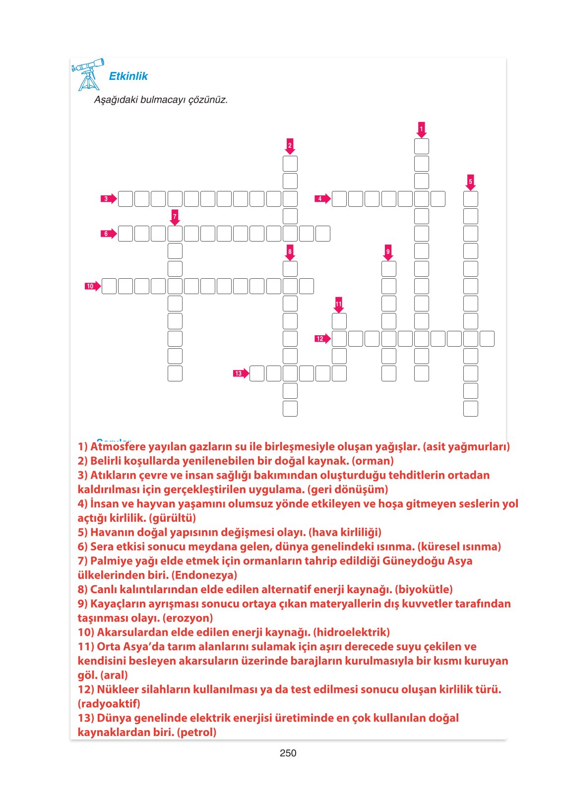 11. Sınıf Yıldırım Yayınları Coğrafya Ders Kitabı Sayfa 250 Cevapları