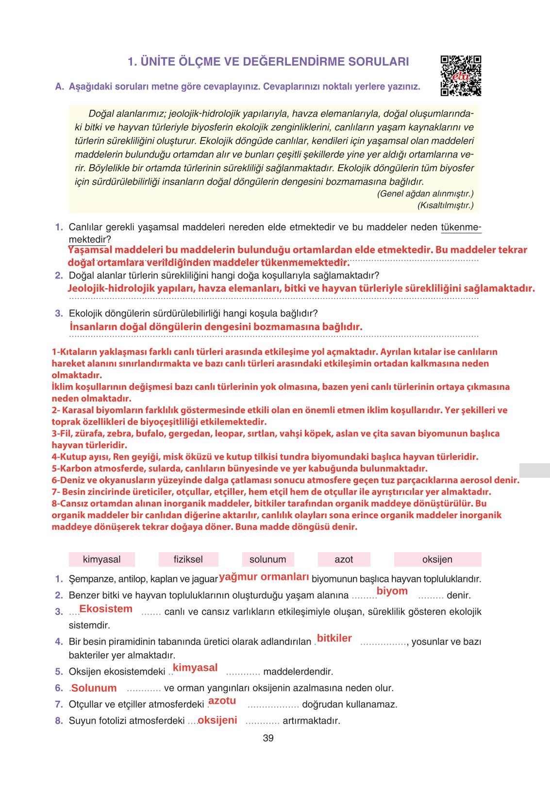 11. Sınıf Yıldırım Yayınları Coğrafya Ders Kitabı Sayfa 39 Cevapları