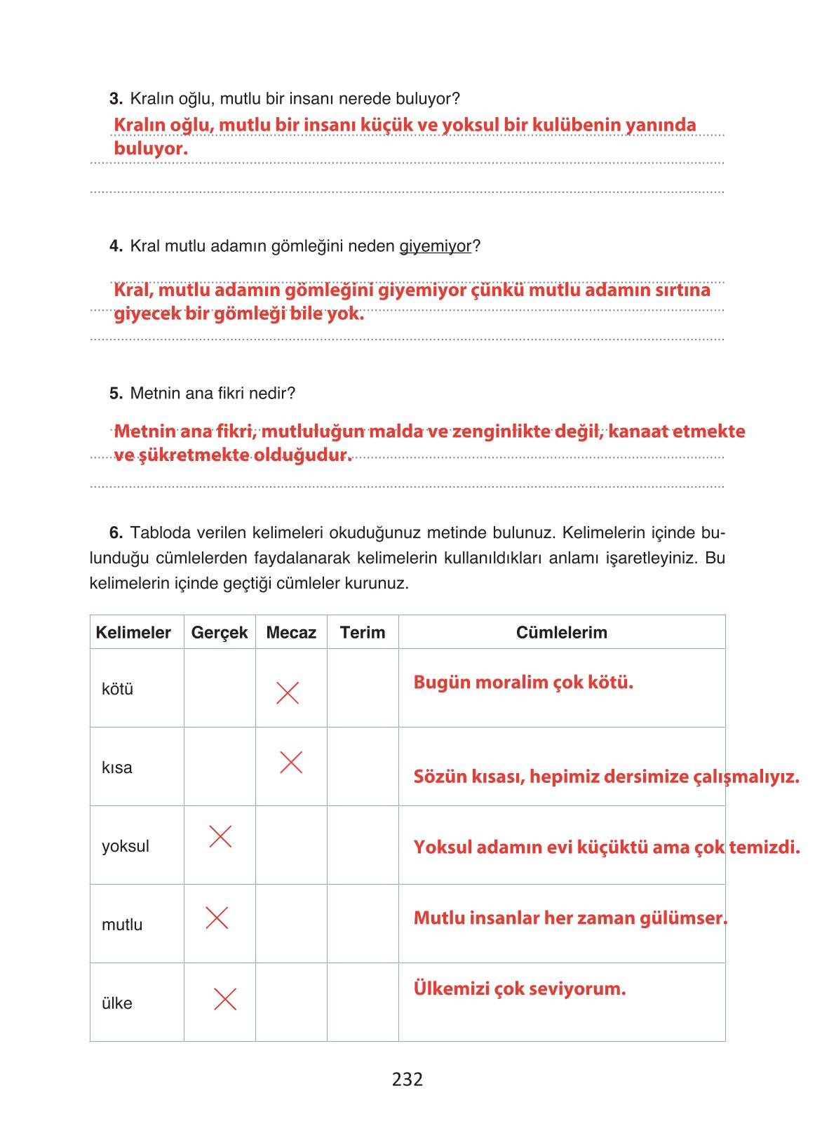 4. Sınıf Ada Yayıncılık Türkçe Ders Kitabı Sayfa 232 Cevapları