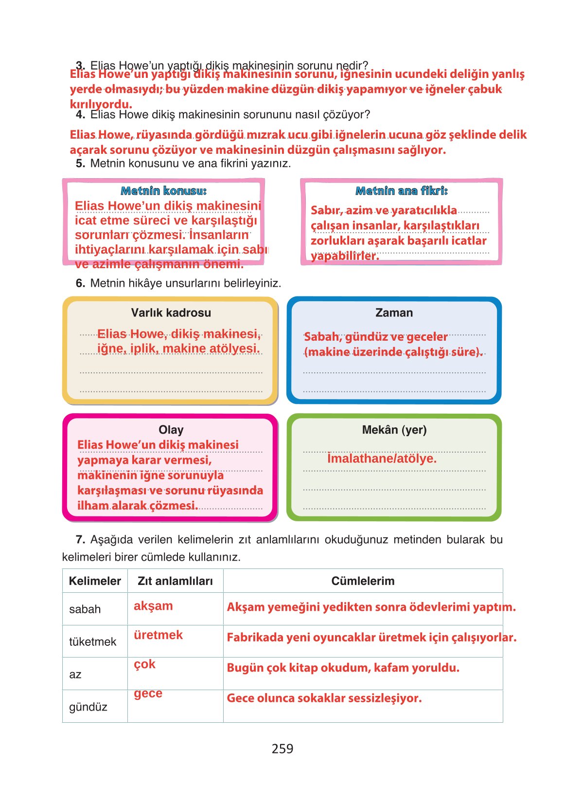 4. Sınıf Ada Yayıncılık Türkçe Ders Kitabı Sayfa 259 Cevapları