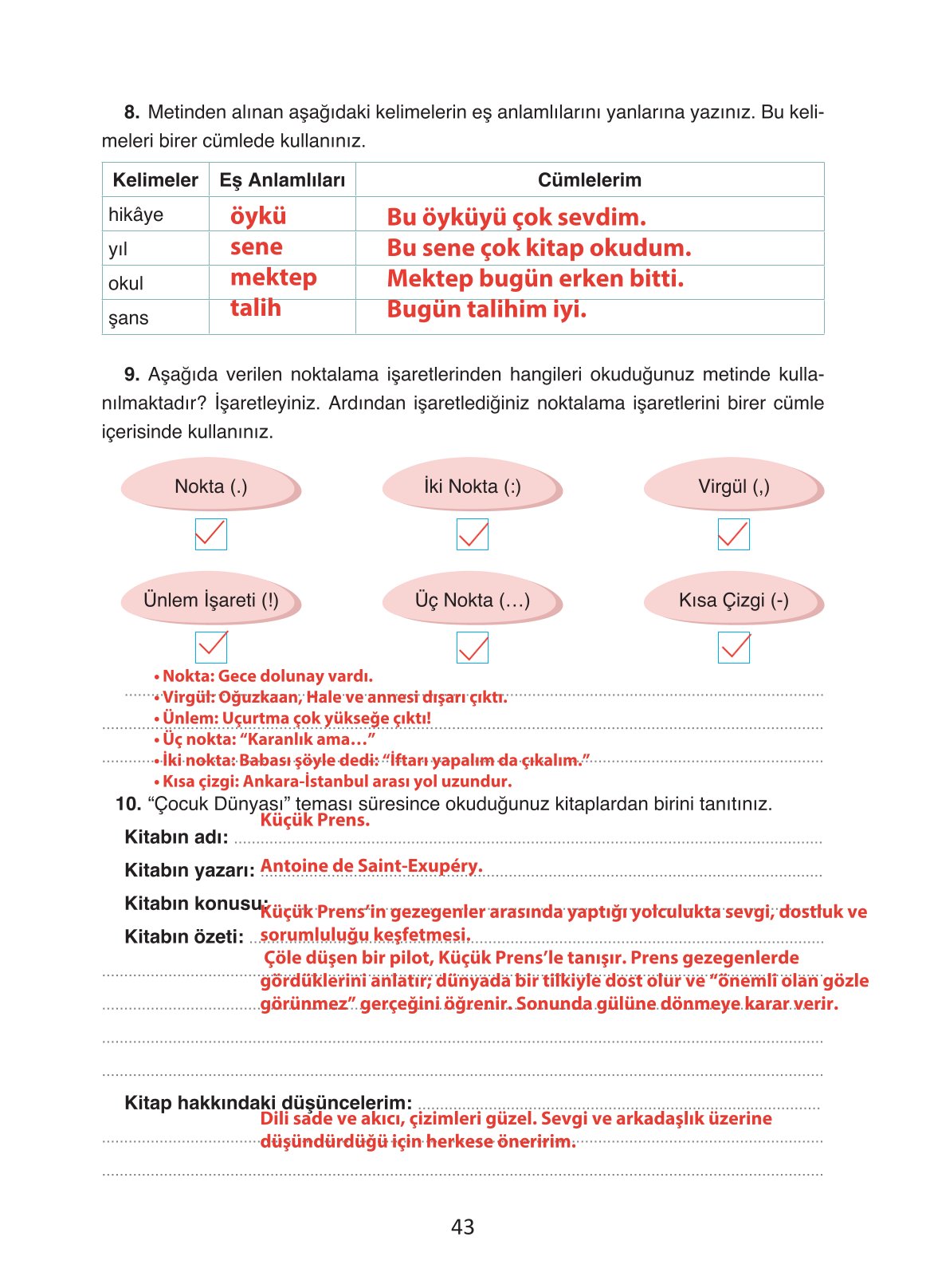 4. Sınıf Ada Yayıncılık Türkçe Ders Kitabı Sayfa 43 Cevapları