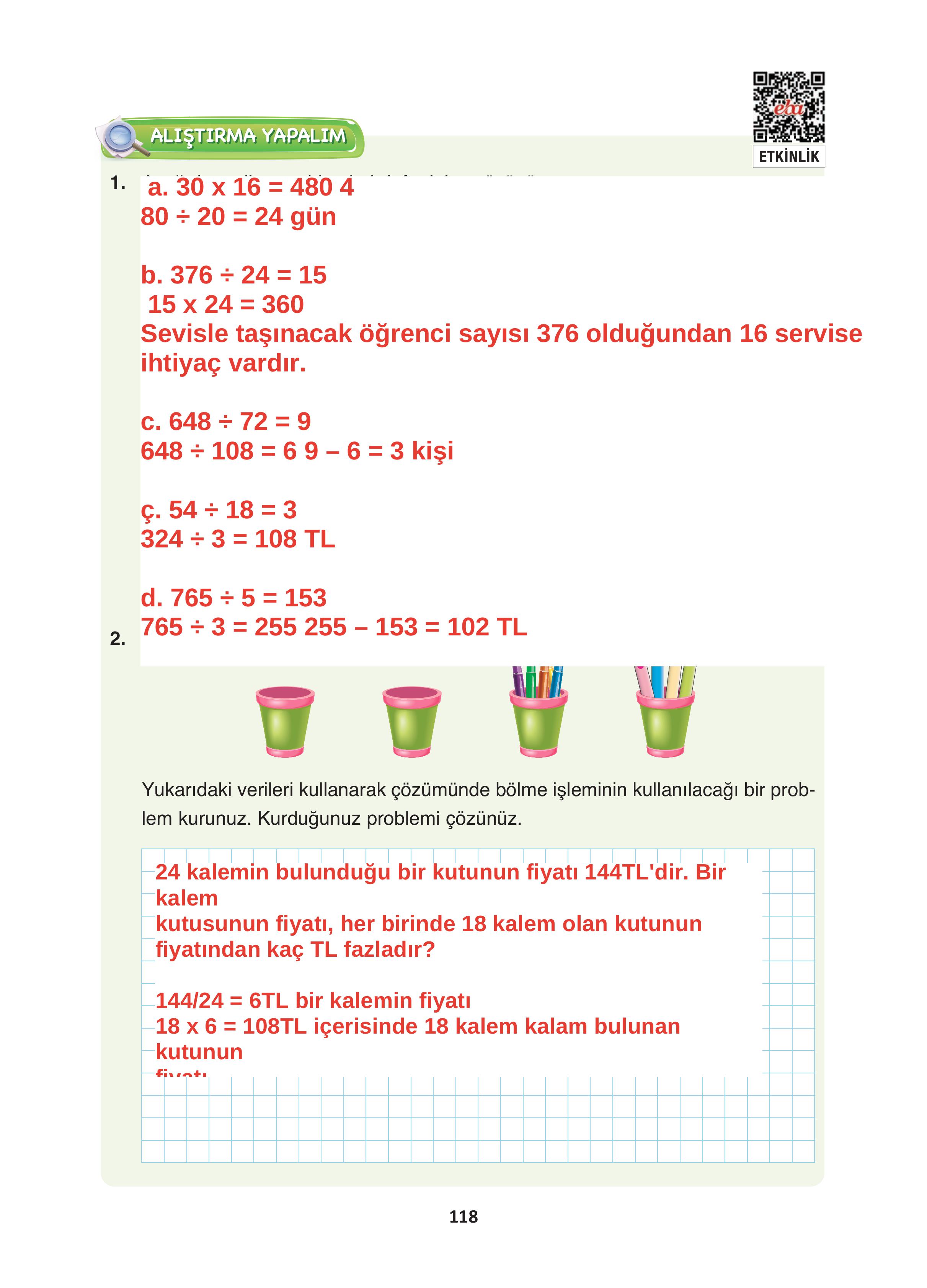 4. Sınıf Fersa Yayınları Matematik Ders Kitabı Sayfa 118 Cevapları