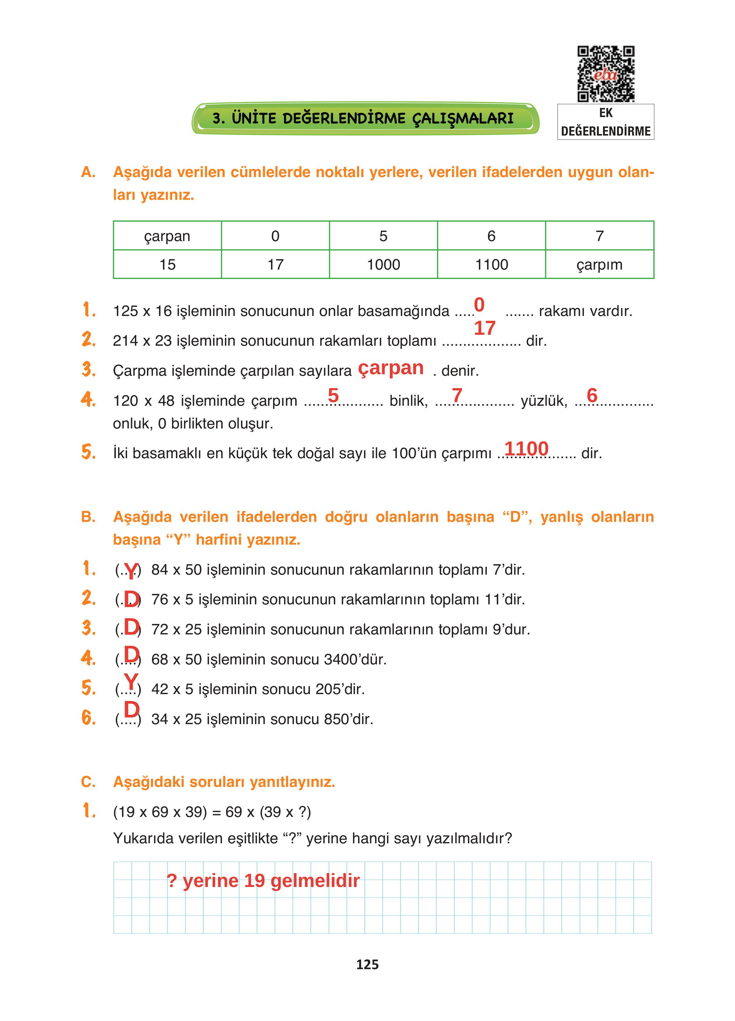 4. Sınıf Fersa Yayınları Matematik Ders Kitabı Sayfa 125 Cevapları