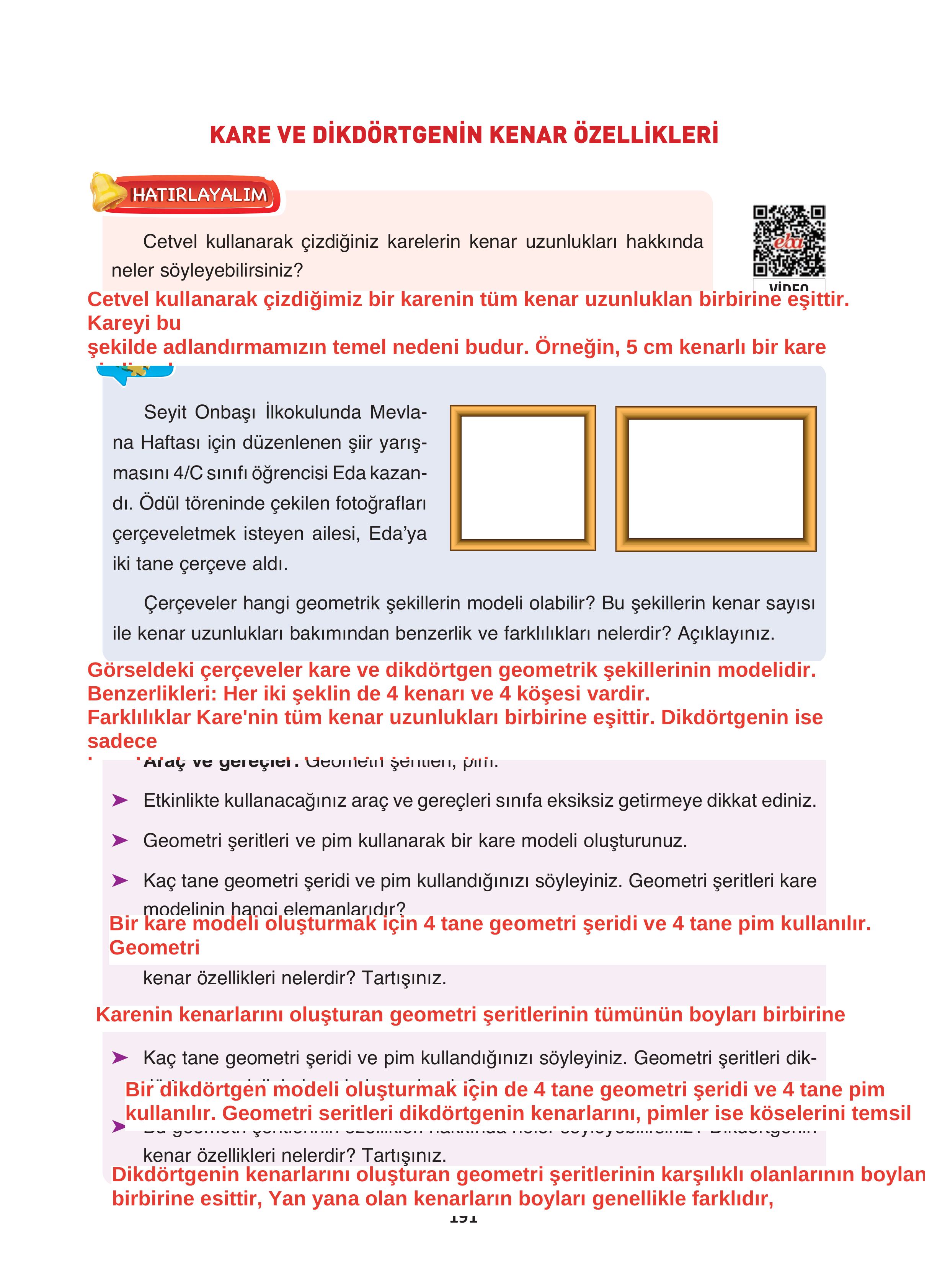 4. Sınıf Fersa Yayınları Matematik Ders Kitabı Sayfa 191 Cevapları