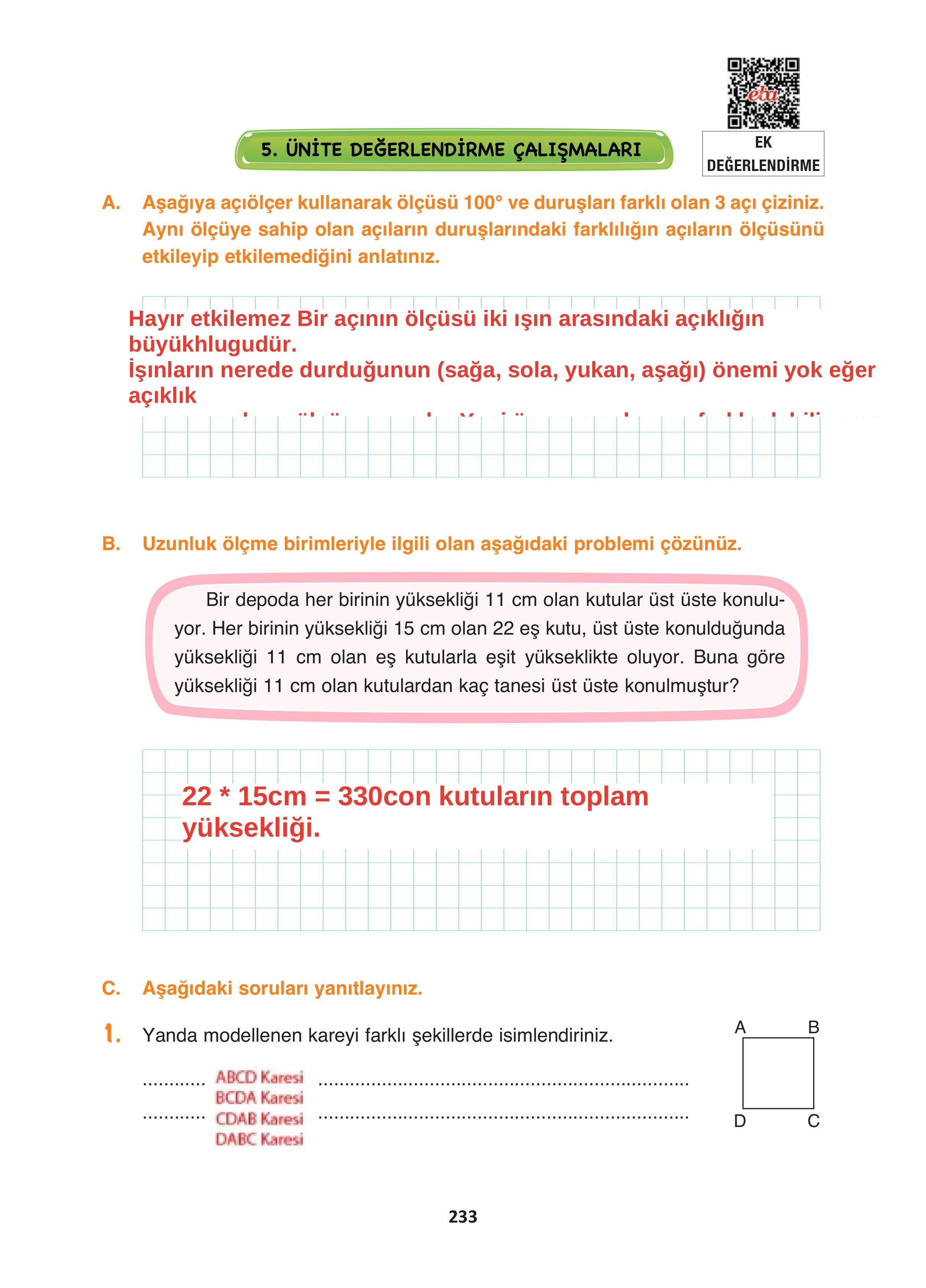 4. Sınıf Fersa Yayınları Matematik Ders Kitabı Sayfa 233 Cevapları 4. Sınıf Fersa Yayınları Matematik Ders Kitabı Sayfa 233 Cevapları