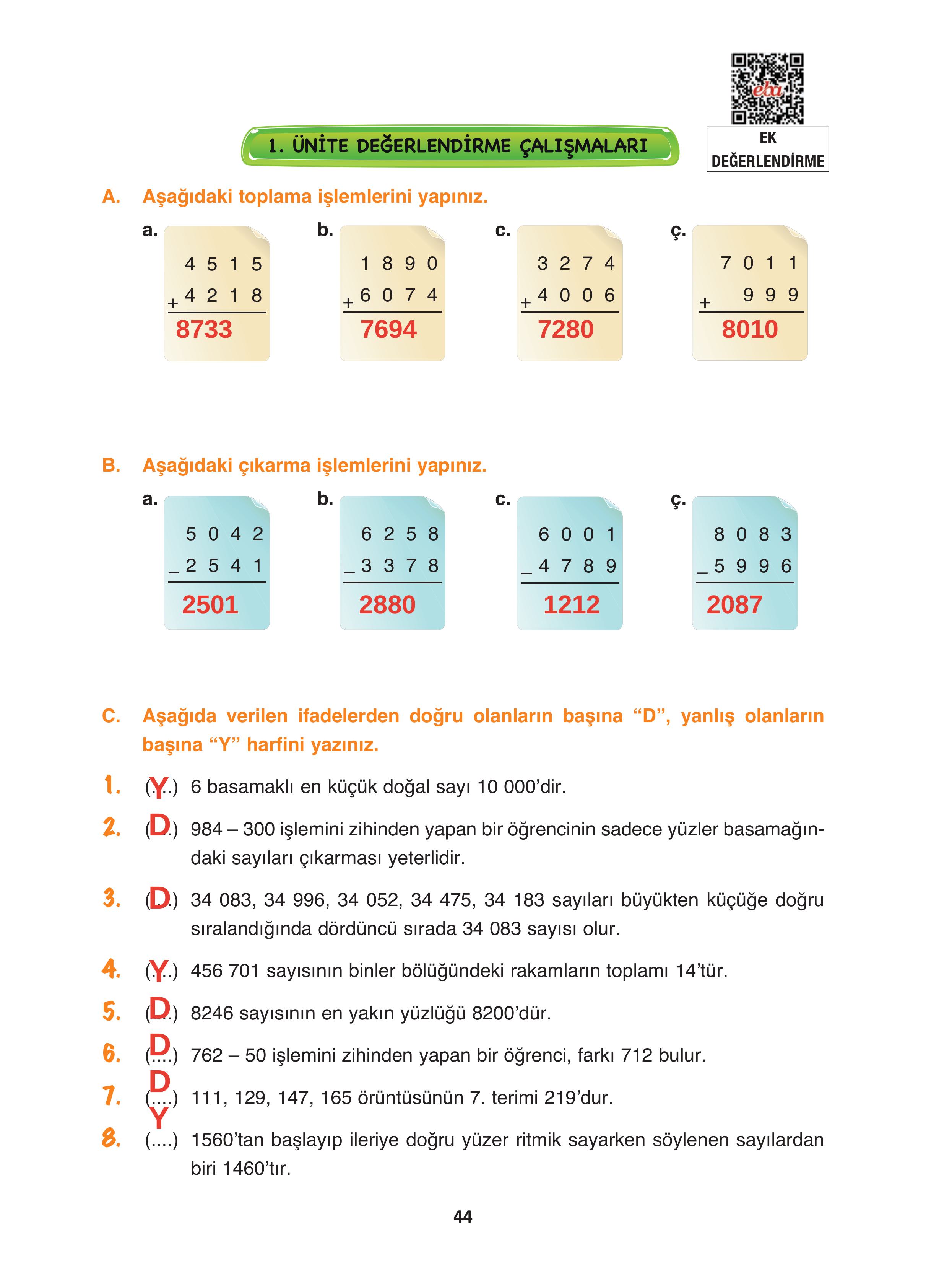 4. Sınıf Fersa Yayınları Matematik Ders Kitabı Sayfa 44 Cevapları 4. Sınıf Fersa Yayınları Matematik Ders Kitabı Sayfa 44 Cevapları