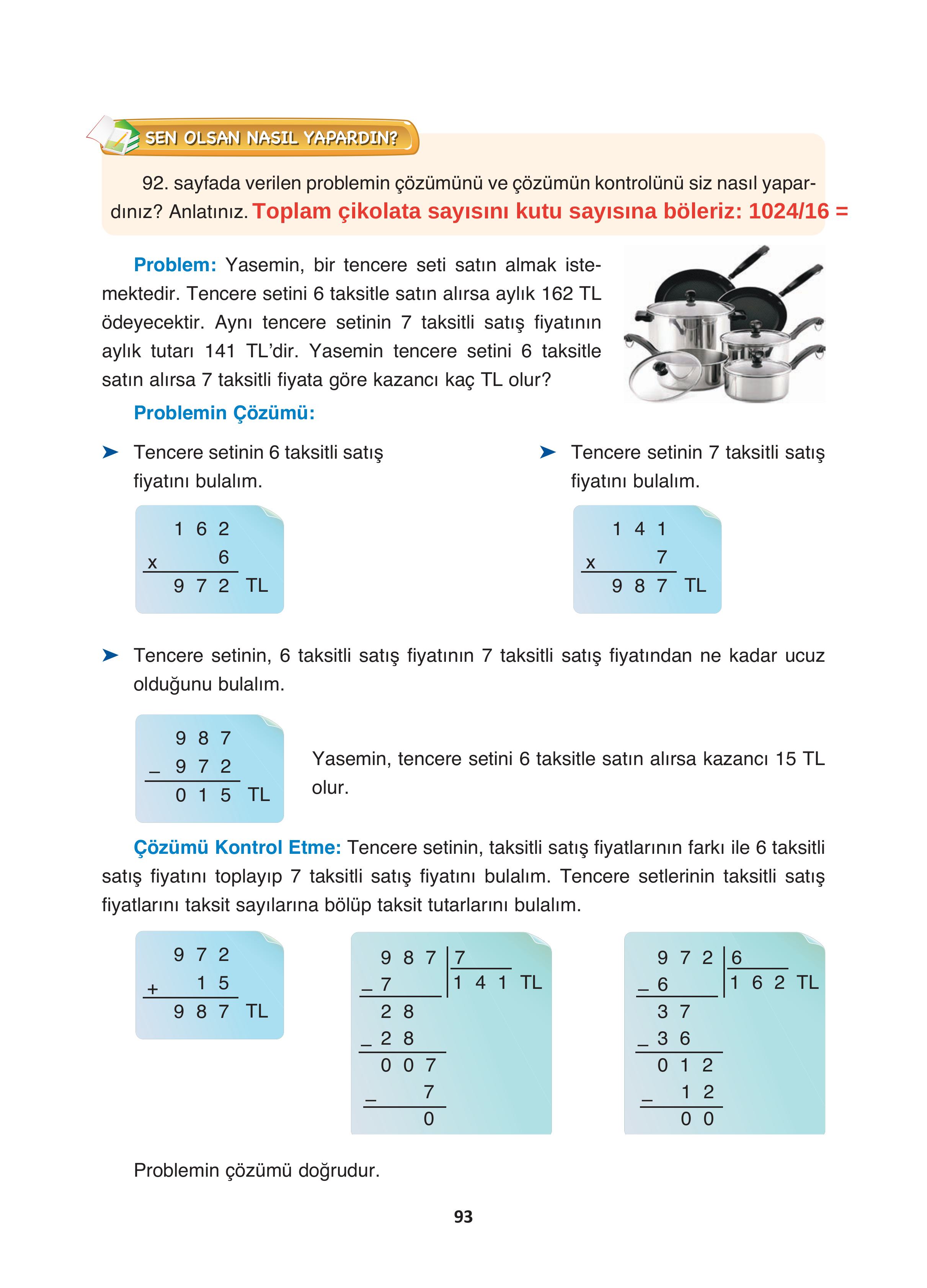 4. Sınıf Fersa Yayınları Matematik Ders Kitabı Sayfa 93 Cevapları