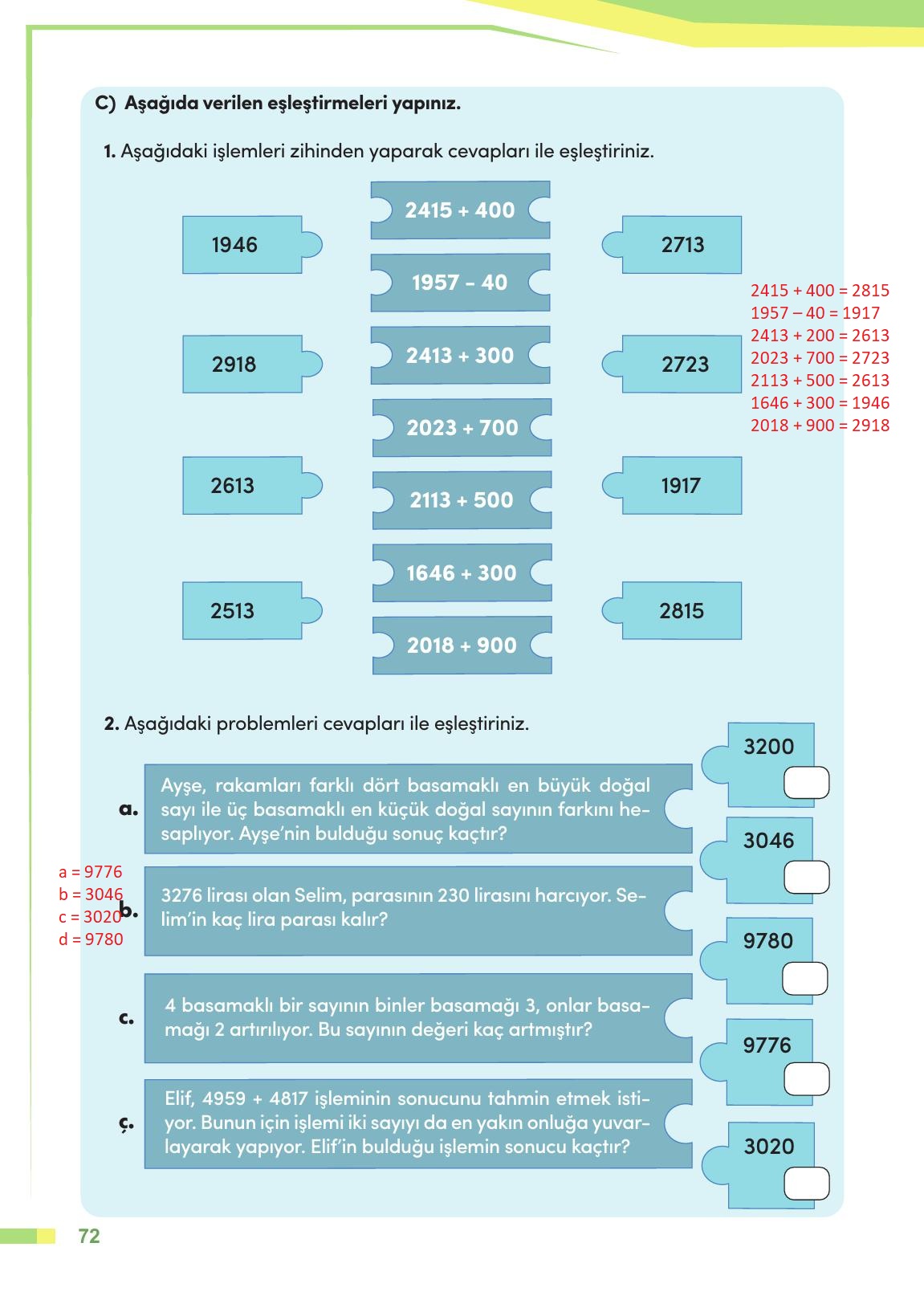 4. Sınıf Meb Yayınları Matematik Ders Kitabı Sayfa 73 Cevapları